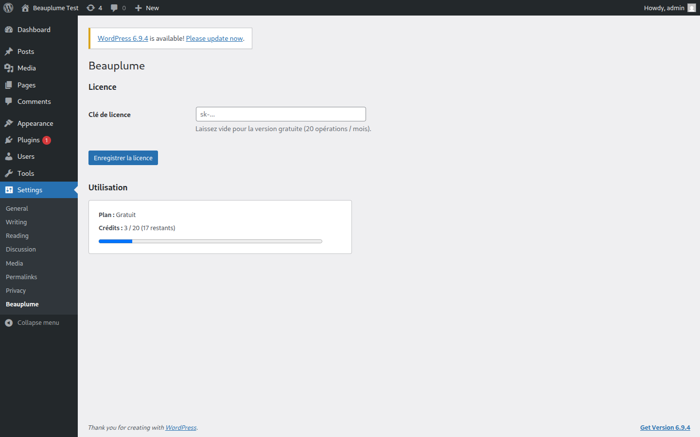 Page de réglages Beauplume en mode gratuit, avec champ de licence vide et compteur 3 sur 20 crédits utilisés.
