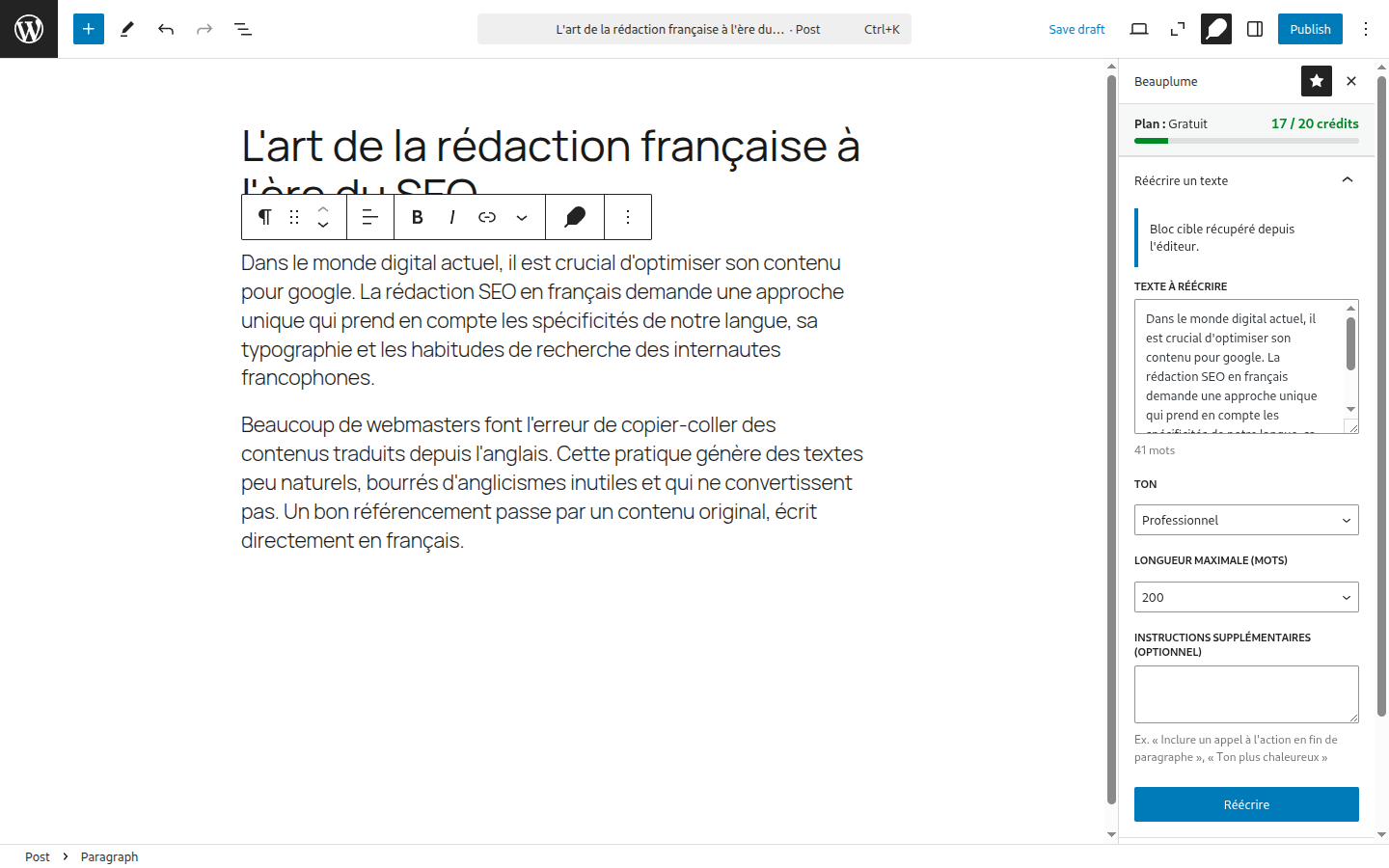 Panneau Réécrire un texte avec le bloc cible récupéré et 41 mots prêts à réécrire.