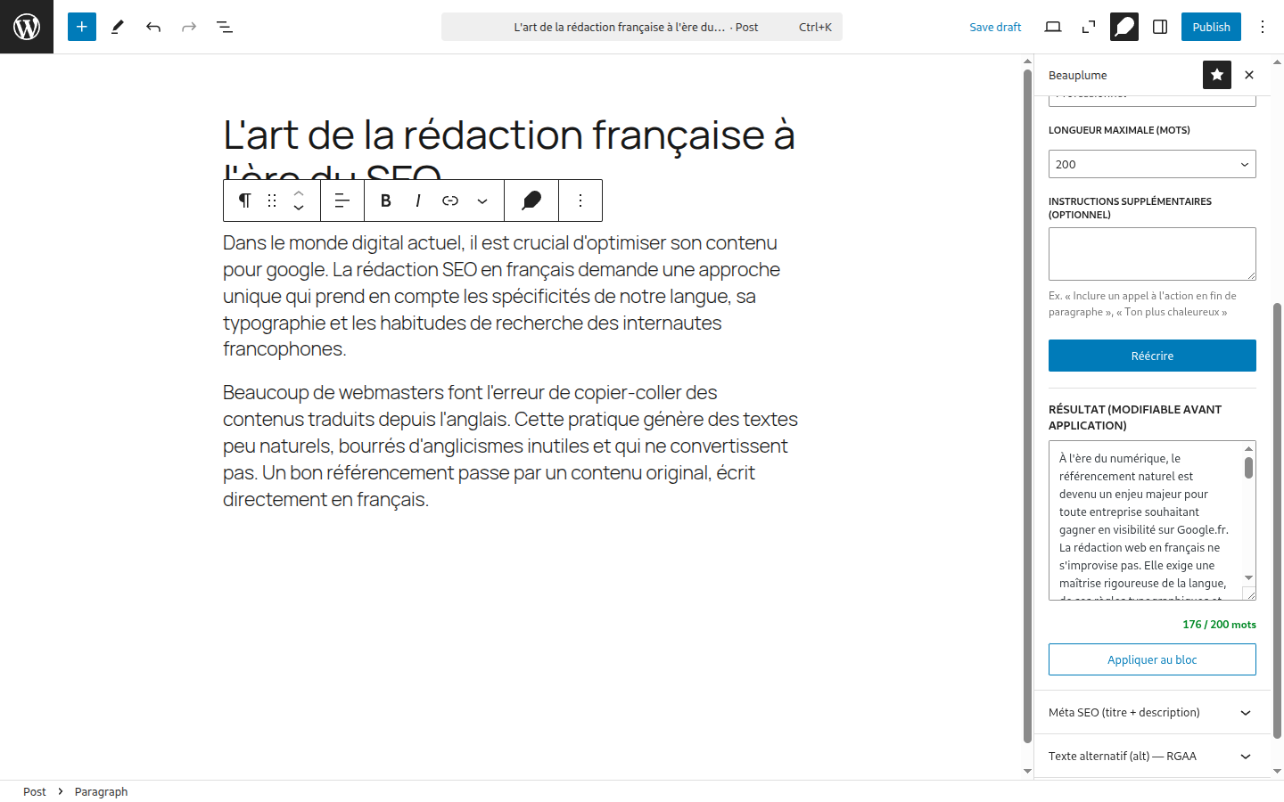 Résultat de la réécriture affiché dans le panneau, avec compteur 176 sur 200 mots et bouton Appliquer au bloc.