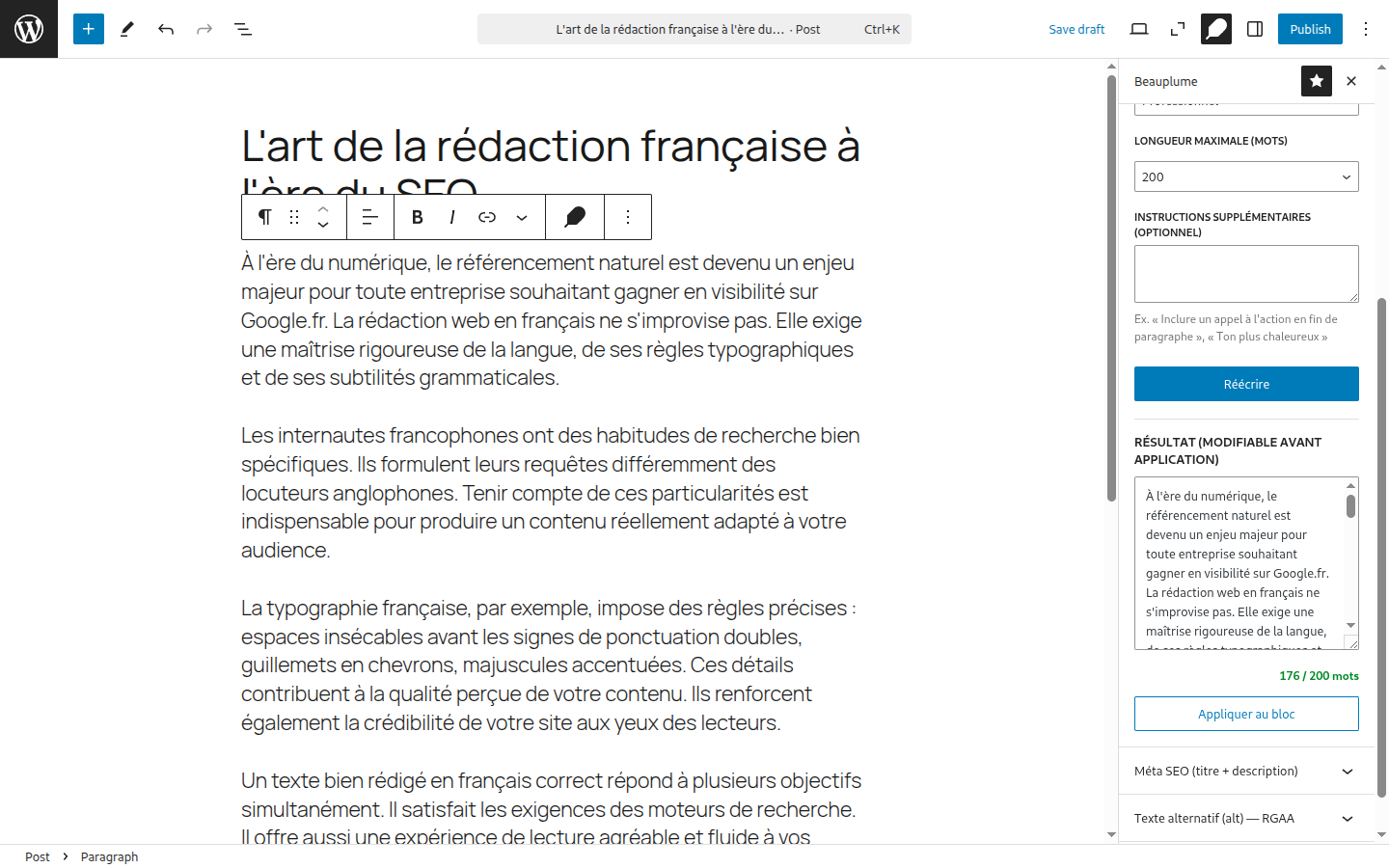 L'éditeur affiche le texte réécrit en plusieurs paragraphes, en français correct avec accents et typographie respectés.