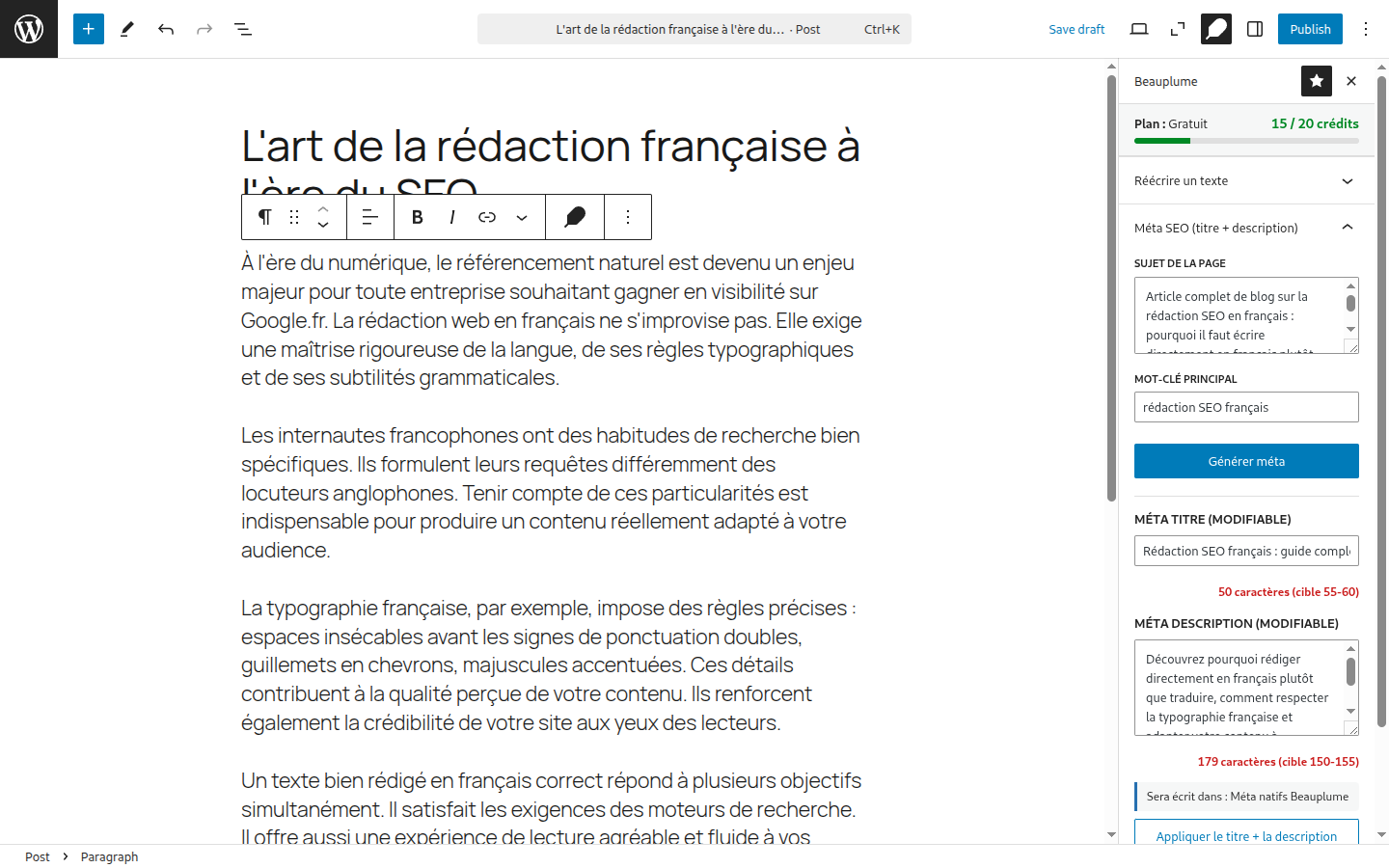 Panneau Méta SEO avec titre généré 50 caractères et description 179 caractères, indicateurs longueur en couleur.