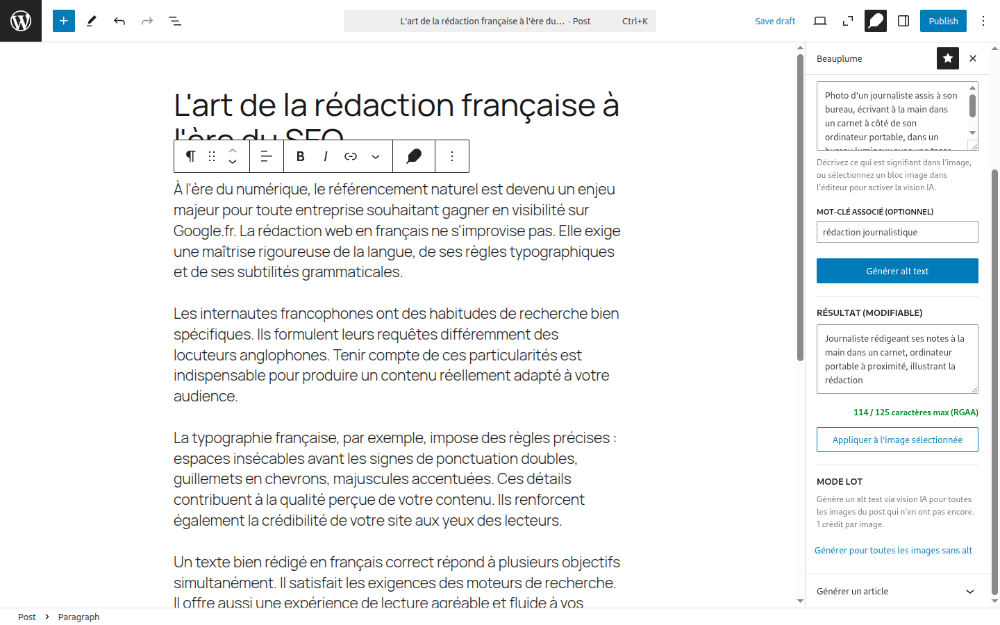 Panneau Texte alternatif avec description saisie, mot-clé associé, alt text généré 114 sur 125 caractères max RGAA, et bouton Appliquer à l'image sélectionnée.