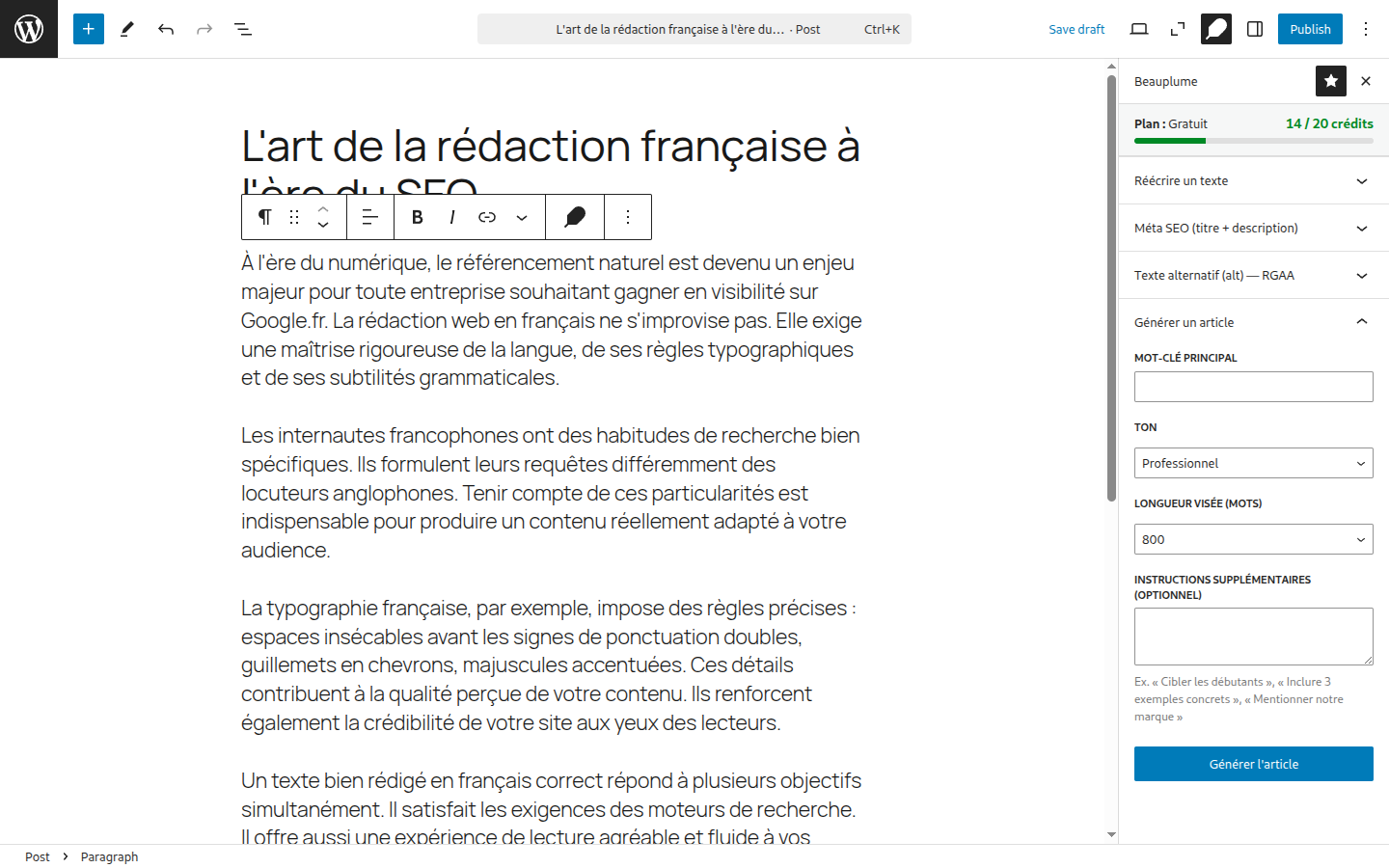 Panneau Générer un article avec champs Mot-clé principal, Ton, Longueur visée 800 mots, Instructions supplémentaires et bouton Générer l'article.