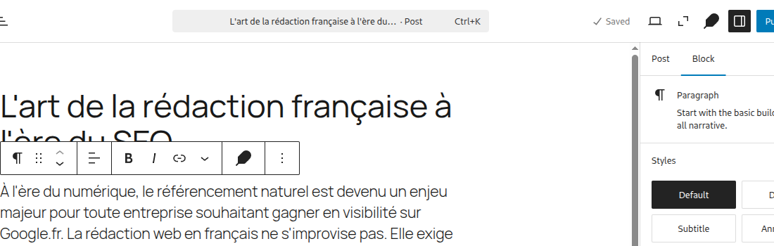 Barre d'outils Gutenberg flottante avec l'icône plume Beauplume entre les outils standards.